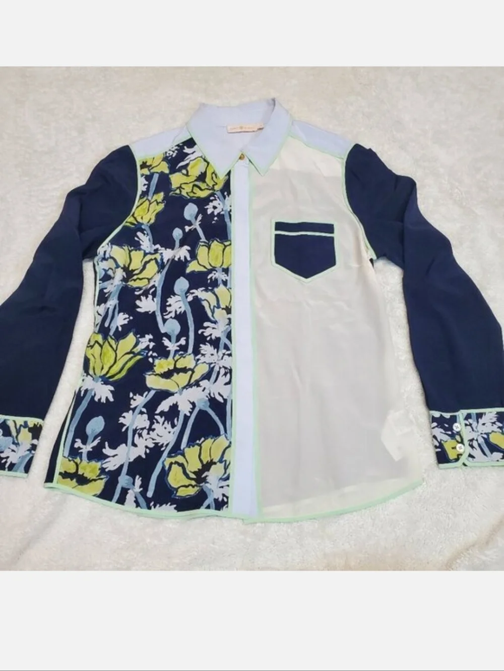 Tory Burch‎ Navy Blue Floral Silk Blouse 8 Luxury Classic Old Money Feminine